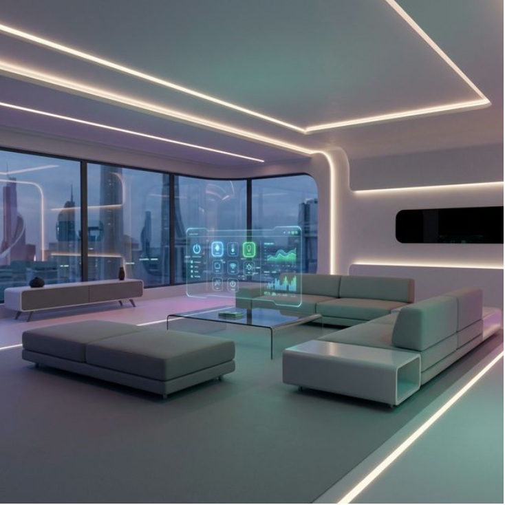futuristic smart home living room, automated lighting, sleek furniture, minimalist design, holographic control interface, 3d render, 8k, no people
